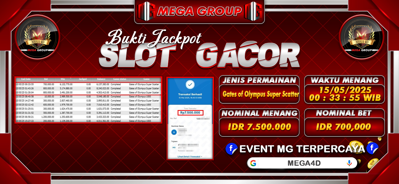 Bukti JP situs Mega4D hari Kamis, 15 Mei 2025