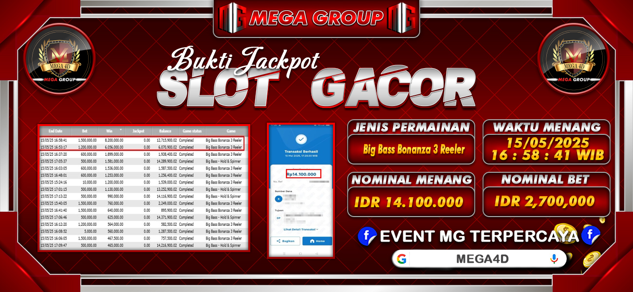 Bukti JP situs Mega4D hari Kamis, 15 Mei 2025
