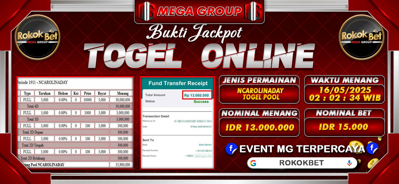 Bukti JP situs Rokokbet hari Jumat, 16 Mei 2025